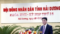 Chủ tịch UBND tỉnh Hải Dương báo cáo về tình hình phát triển kinh tế - xã hội năm 2024 và phương hướng phát triển năm 2025. Ảnh: Mạnh Tú/TTXVN