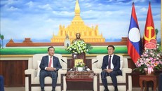 Trưởng ban Đối ngoại Lào Bounleua Phandanouvong tiếp Đại sứ Nguyễn Minh Tâm đến chúc mừng nhân dịp Kỷ niệm 71 năm Ngày thành lập Đảng Nhân dân cách mạng Lào. Ảnh: Xuân Tú/TTXVN