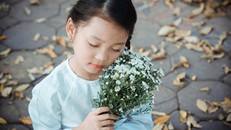 Bé gái mặc áo dài chụp ảnh cùng cúc họa mi