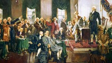 Bức tranh nổi tiếng của họa sĩ Howard Chandler Christy mô tả lại Hội nghị Lập hiến của Mỹ năm 1787. Tại hội nghị này, các nhà lập pháp đã thông qua quy chế bầu cử đại cử tri. Ảnh: Us.tomonews.com