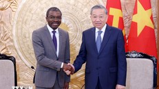 Tổng Bí thư Tô Lâm tiếp ông Lazare Eloundou Assomo, Giám đốc Trung tâm Di sản Thế giới của Tổ chức Giáo dục, Khoa học và Văn hóa của Liên hợp quốc (UNESCO). (Ảnh: Phạm Kiên/TTXVN)