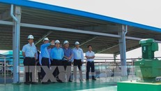 Lãnh đạo tỉnh Hậu Giang thăm nhà máy nước Aquaone Hậu Giang chiều 25/2/2019. Ảnh: Hồng Thái - TTXVN