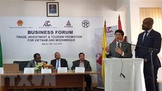 Đại sứ Lê Huy Hoàng và Đại diện Bộ Công Thương Mozambique giải đáp về chính sách đầu tư, thương mại hai bên. (Ảnh: Đình Lượng/TTXVN)