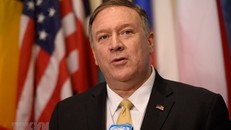 Ngoại trưởng Mỹ Mike Pompeo phát biểu tại cuộc họp báo ở New York ngày 20/8/2019. (Ảnh: AFP/TTXVN)