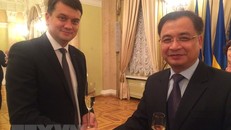 Chủ tịch Quốc hội Ukraine, Dmytro Razumkov (trái) và Đại sứ Việt Nam tại Ukraine Nguyễn Anh Tuấn. (Ảnh: Duy Trinh/TTXVN)