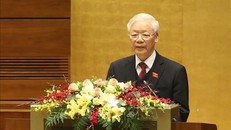 Tổng Bí thư, Chủ tịch nước Nguyễn Phú Trọng trình bày Báo cáo tổng kết công tác nhiệm kỳ 2016-2021 của Chủ tịch nước. Ảnh: Dương Giang/TTXVN