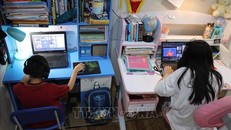 Học sinh Vinschool (Hà Nội) tựu trường qua hình thức trực tuyến. Ảnh: Thanh Tùng/TTXVN