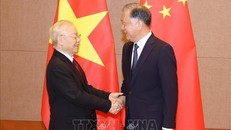 Tổng Bí thư Nguyễn Phú Trọng hội kiến Chủ tịch Chính hiệp Trung Quốc Uông Dương. Ảnh: Trí Dũng/TTXVN