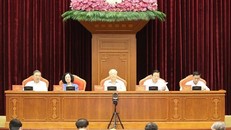 Tổng Bí thư Nguyễn Phú Trọng và các đồng chí Thường trực Ban Chỉ đạo Trung ương về phòng, chống tham nhũng, tiêu cực chủ trì hội nghị. (Ảnh: Trí Dũng/TTXVN)