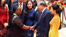 Tổng Bí thư, Chủ tịch nước Tô Lâm và Phu nhân đón các đại sứ, đại biện, trưởng đại diện các tổ chức quốc tế đến dự. Ảnh: TTXVN