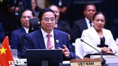 Thủ tướng Phạm Minh Chính phát biểu tại Phiên toàn thể Hội nghị Cấp cao ASEAN lần thứ 46. (Ảnh: Dương Giang/TTXVN)
