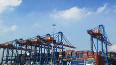 Xe chở container hoạt động trên cảng quốc tế Gemalink thuộc hệ thống Cảng biển Cái Mép (phường Tân Phước). 