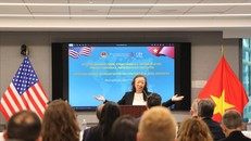 Giáo sư Nguyễn Thị Liên Hằng, Giám đốc Viện Nghiên cứu Đông Á Weatherhead (Đại học Columbia, Mỹ) phát biểu tại hội thảo.