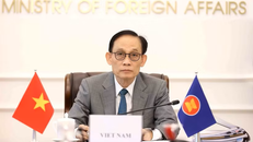 Đồng chí Lê Hoài Trung, Ủy viên Bộ Chính trị, Bộ trưởng Ngoại giao phát biểu tại cuộc họp.