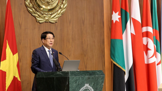 Chủ tịch nước Lương Cường phát biểu chính sách tại Trụ sở Liên đoàn Arab ở thủ đô Cairo, Ai Cập