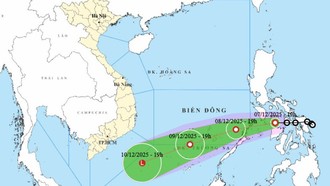 Dự báo hướng di chuyển của áp thấp nhiệt đới. (Nguồn: Trung tâm Dự báo Khí tượng Thủy văn Quốc gia)