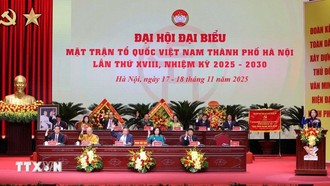 Đoàn Chủ tịch thông qua Nghị quyết Đại hội. Ảnh: TTXVN.