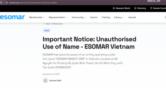 ESOMAR khẳng định không liên quan tới doanh nghiệp ESOMAR INSIGHT VNM của Việt Nam