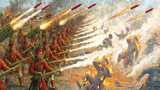 Quân Đại Việt giáp chiến quân Thanh bên bờ sông Hồng, hàng đầu là ống phóng hỏa hổ bằng tre phun lửa Phốt pho xa 10m lập tức biến giặc thành bó đuốc sống, hàng sau là pháo thăng thiên Phốt pho phóng loạt biến toàn bộ đại quân của giặc thành biển lửa.