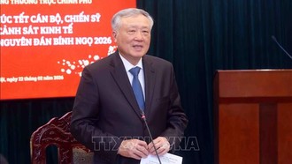 Phó Thủ tướng Thường trực Nguyễn Hòa Bình phát biểu chúc Tết cán bộ, chiến sĩ Cục Cảnh sát kinh tế, Bộ Công an nhân dịp Tết Nguyên đán Bính Ngọ 2026. Ảnh: Phạm Kiên/TTXVN