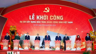 Tổng Bí thư Tô Lâm, Thủ tướng Phạm Minh Chính và các lãnh đạo, nguyên lãnh đạo Đảng, Nhà nước thực hiện nghi thức khởi công dự án xây dựng Bảo tàng Đảng Cộng sản Việt Nam. Ảnh: Thống Nhất/TTXVN