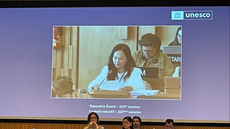 Phó Giáo sư Phan Thị Hà Dương, Giám đốc Trung tâm quốc tế Nghiên cứu và Đào tạo Toán học (ICRTM) phát biểu tại kỳ họp lần thứ 224 Hội đồng chấp hành UNESCO.