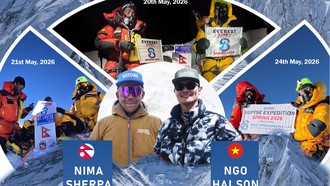 Hành trình chinh phục Everest Triple Crown của bác sĩ Ngô Hải Sơn và người leo núi dẫn đường Nima Sherpa được Satori Adventures công bố ngày 24-5. Ảnh: Satori Adventures