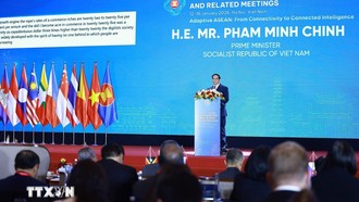 Thủ tướng Phạm Minh Chính phát biểu tại Lễ khai mạc Hội nghị Bộ trưởng Số ASEAN (ADGMIN) lần thứ 6. Ảnh: Dương Giang/TTXVN.
