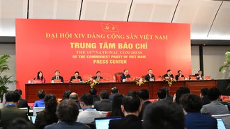 Quang cảnh buổi Họp báo quốc tế công bố kết quả Đại hội đại biểu toàn quốc lần thứ XIV của Đảng.