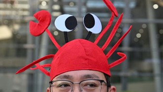 Một người đàn ông thể hiện sự hào hứng với ứng dụng OpenClaw khi đội chiếc mũ hình tôm hùm.