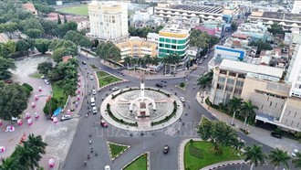 Quang cảnh trung tâm Ngã Sáu, thành phố Buôn Ma Thuột (tỉnh Đắk Lắk) nhìn từ trên cao.
