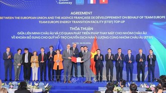 Phó Thủ tướng Hồ Đức Phớc và Cao ủy châu Âu phụ trách Quan hệ Đối tác Quốc tế Jozef Síkela chứng kiến Lễ trao thoả thuận giữa EU và Cơ quan phát triển Pháp (AFD) thay mặt cho Nhóm châu Âu về khoản bổ sung cho quỹ hỗ trợ chuyển dịch năng lượng cùng nhóm châu Âu (ETEF). Ảnh: Hoàng Hiếu