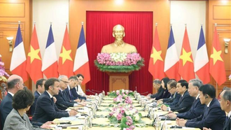 Tổng Bí thư Tô Lâm tiếp Tổng thống Pháp Emmanuel Macron thăm cấp Nhà nước tới Việt Nam (26/5/2025). Ảnh: Thống Nhất/TTXVN