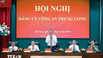 Tổng Bí thư, Chủ tịch nước Tô Lâm và các đồng chí lãnh đạo dự Hội nghị Đảng ủy Công an Trung ương. (Ảnh: Thống Nhất/TTXVN)