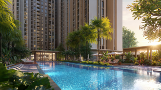 Cụm hồ bơi Aura Flow và bể sục Jacuzzi được quy hoạch giữa thảm xanh nội khu, mang lại không gian thư giãn chuẩn resort.