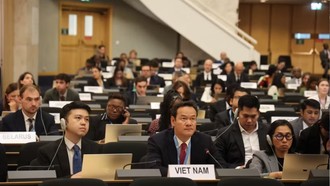 Đại sứ Mai Phan Dũng (ngồi bên phải) phát biểu trong phiên thảo luận chung tại khóa họp lần thứ 63 của Hội đồng Nhân quyền Liên hợp quốc. (Ảnh: Anh Hiển/TTXVN)