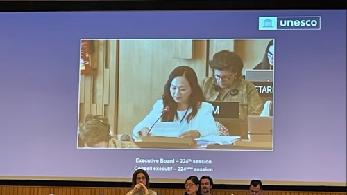 Phó Giáo sư Phan Thị Hà Dương, Giám đốc Trung tâm quốc tế Nghiên cứu và Đào tạo Toán học (ICRTM) phát biểu tại kỳ họp lần thứ 224 Hội đồng chấp hành UNESCO.