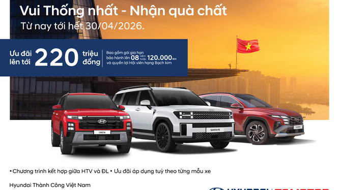 Hyundai Thành Công triển khai chương trình 'Vui thống nhất - Nhận quà chất' - Ưu đãi đến 220 triệu đồng
