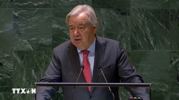 Tổng Thư ký Liên hợp quốc António Guterres trình bày các ưu tiên trong chương trình nghị sự năm 2025. Ảnh: Quang Huy/TTXVN