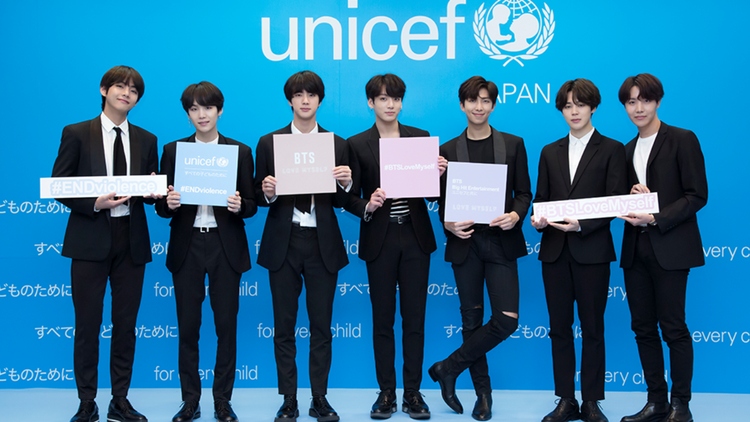 Nhóm nhạc BTS tại Lễ khởi động sáng kiến "Love Myself" của UNICEF tại Hàn Quốc. Ảnh: UNICEF