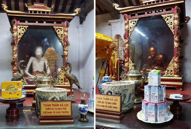 Hai bức tượng nhục thân thiền sư Vũ Khắc Minh, Vũ Khắc Trường tại chùa Đậu (xã Nguyễn Trãi, huyện Thường Tín, Hà Nội)