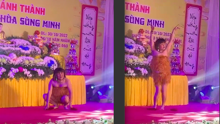 Hình ảnh NSƯT Xuân Hinh trong trang phục váy ngắn, vừa hát vừa uốn éo nhảy múa tại lễ khánh thành Tổ đường chùa Sùng Minh (tỉnh Hải Dương).