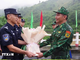 Đại diện chỉ huy trưởng tuần tra hai bên tặng hoa cho nhau tại vạch phân định cầu hữu nghị biên giới Việt-Trung. (Ảnh: TTXVN phát)