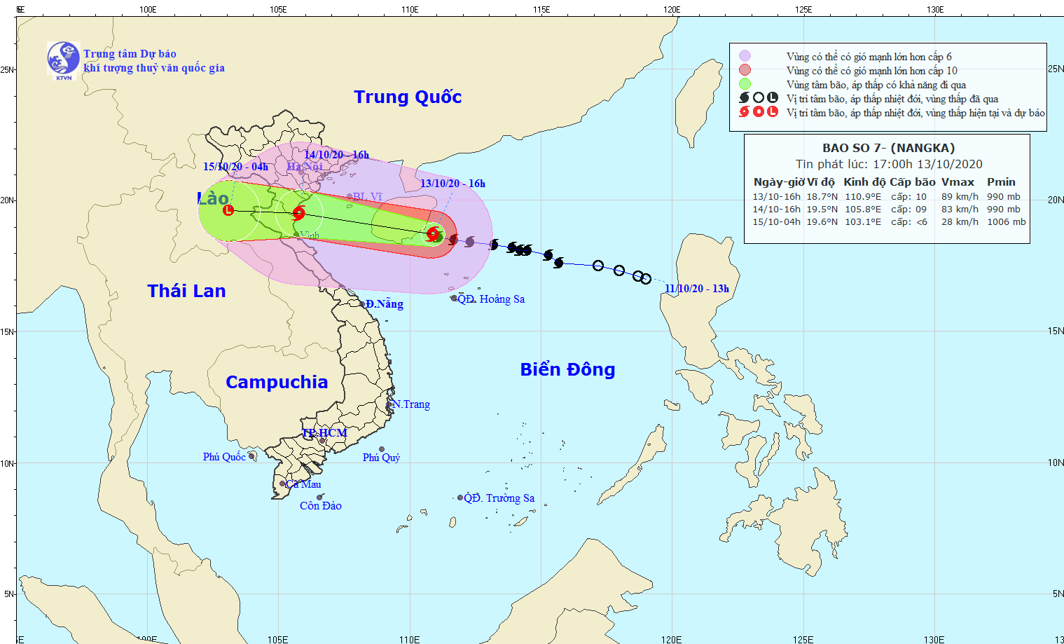 Vị trí và đường đi của bão số 7. Ảnh: Trung tâm Dự báo KTTV Quốc gia.