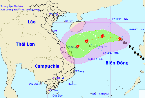 Đường đi và vị trí bão Haikui lúc 5h ngày 11/11. Nguồn: NCHMF.