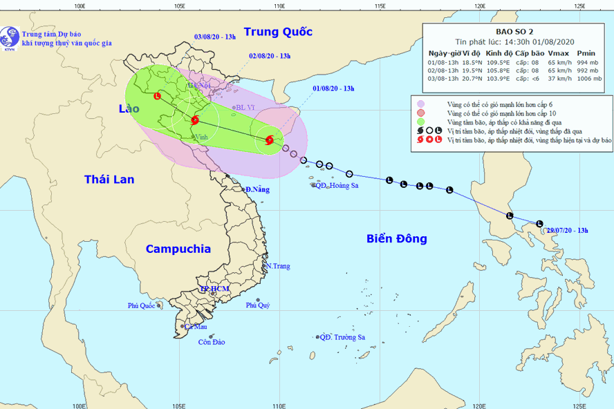 Vị trí và đường đi của bão số 2. Ảnh: nchmf.gov.vn.