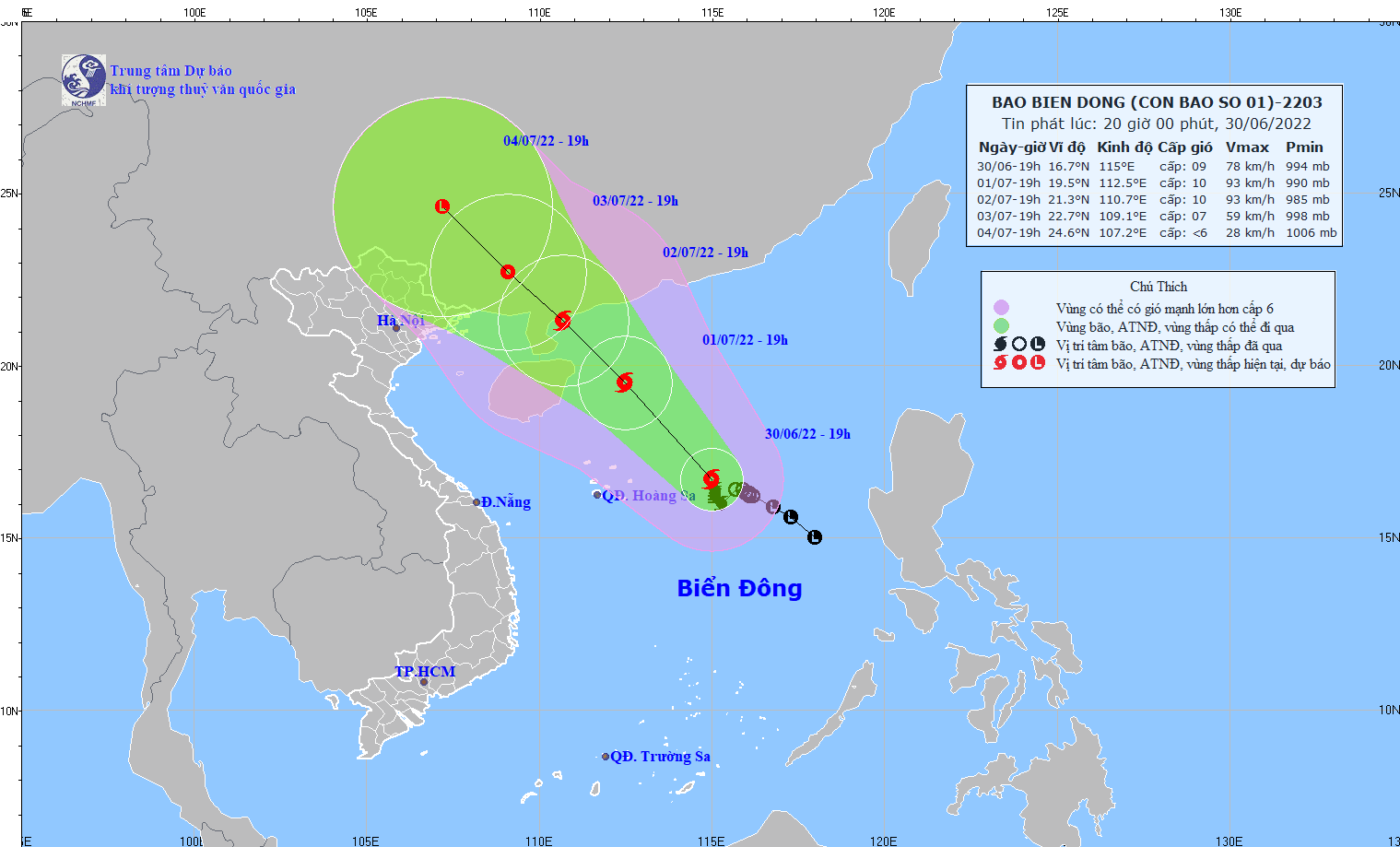 Dự báo đường đi của cơn bão. Ảnh: nchmf.gov.vn