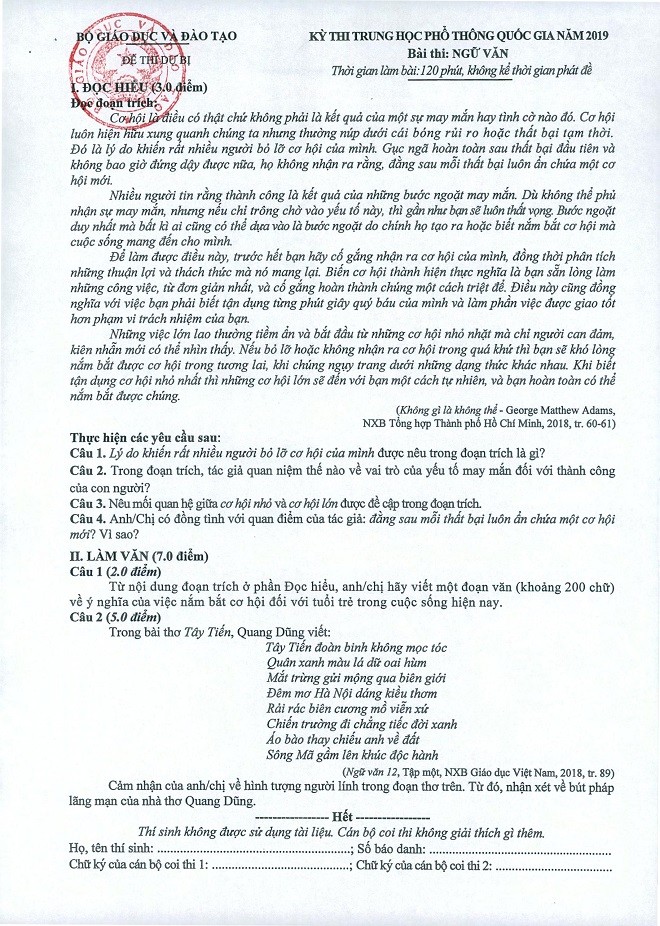 Bộ GD-ĐT công bố đáp án chính thức đề thi môn Ngữ văn kỳ thi THPT quốc gia 2019 ảnh 3