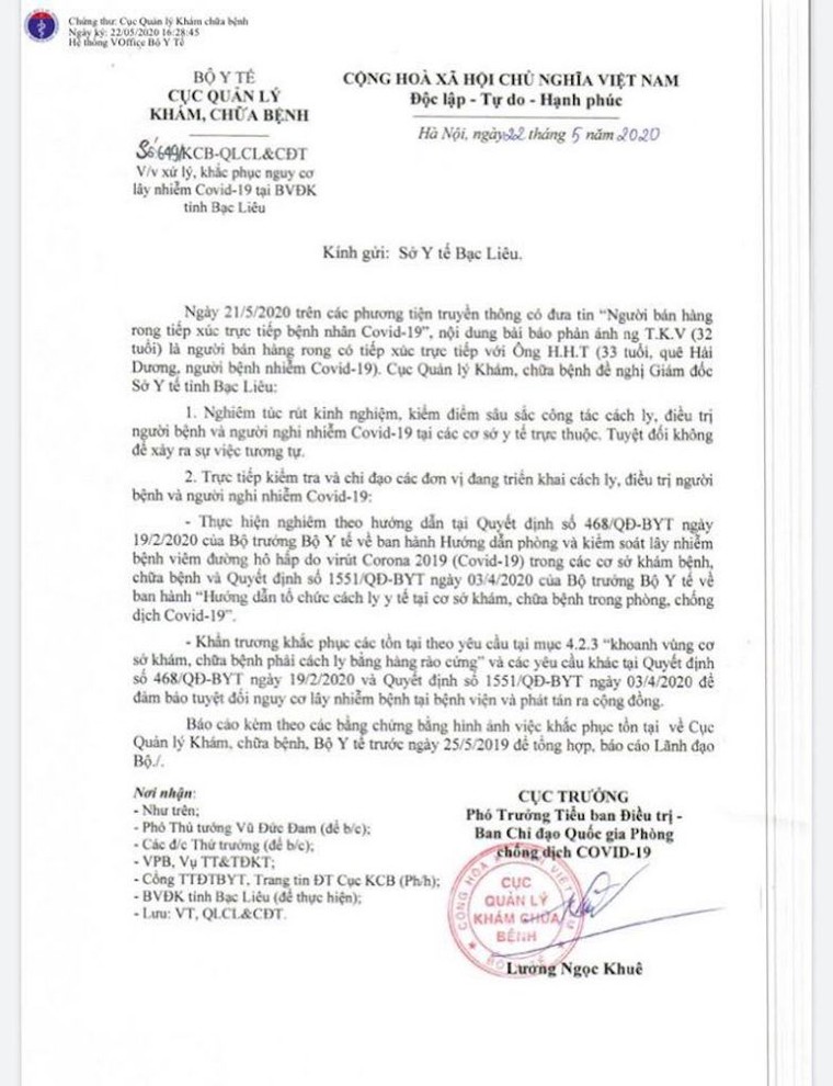 Bộ Y tế đề nghị ngành y tế Bạc Liêu kiểm điểm công tác cách ly, điều trị người bệnh, người nghi nhiễm COVID-19 ảnh 1