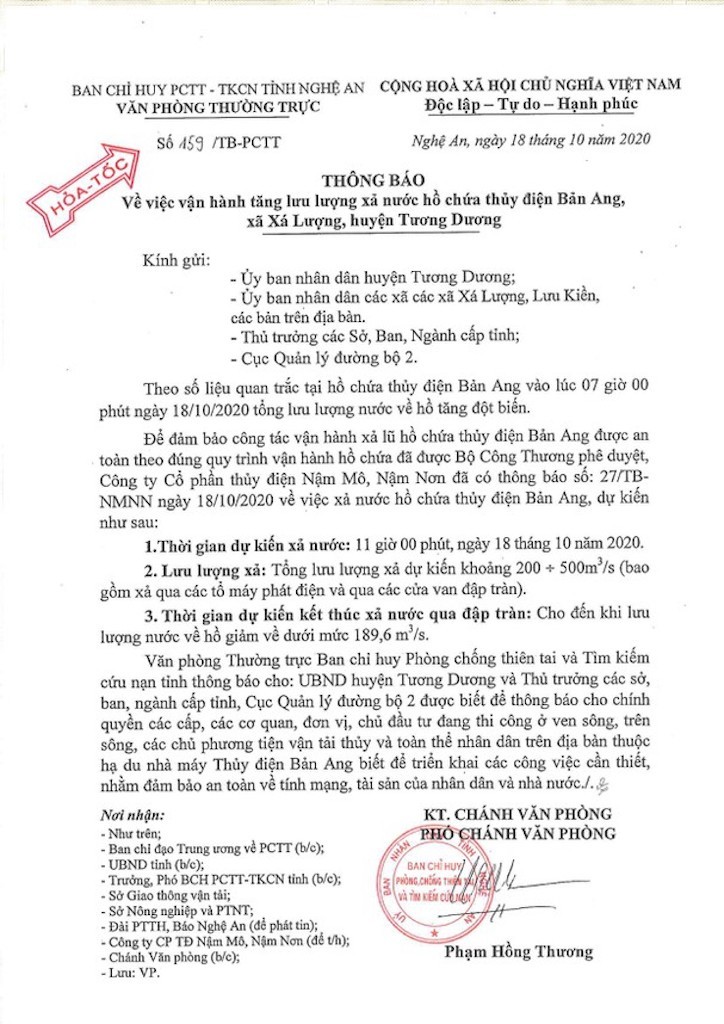 Nhà máy Thủy điện Bản Ang thông báo xả lũ ảnh 1